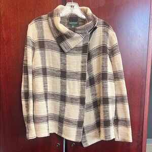 Lauren Ralph Lauren Cream and Brown Plaid Crossover Funnel Neck Sweater